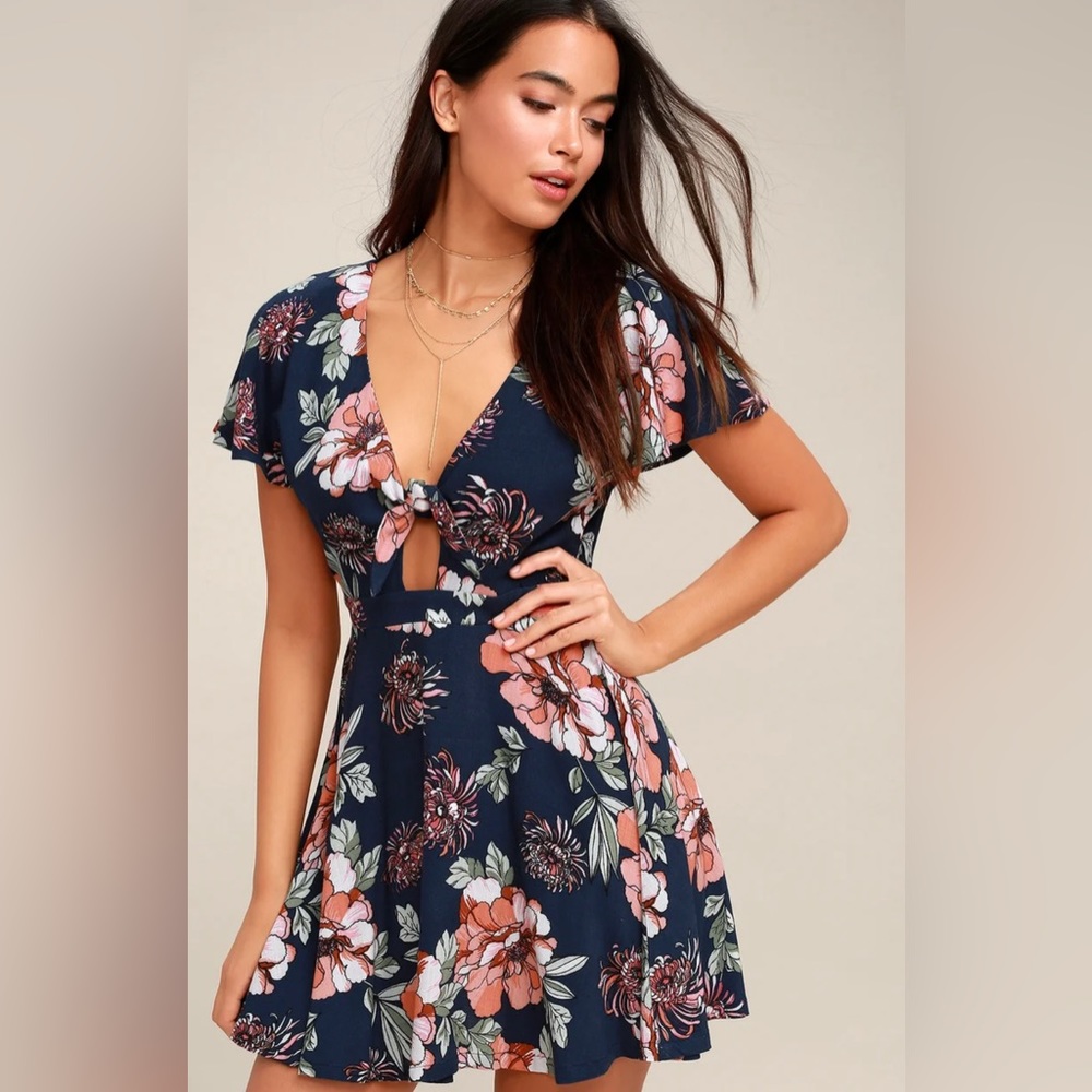 LULUS Botanic of time, navy blue floral print tie-front skater dress